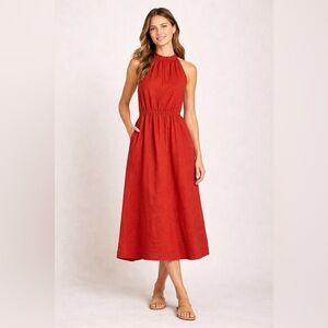 Linen Handmade Studio 100% Linen Rust Terracotta Tie back Midi Dress S